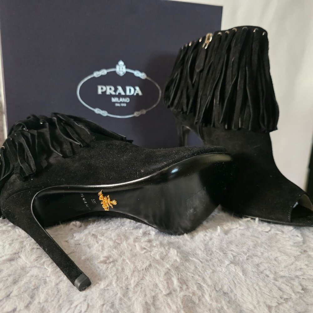 NEVER WORN Prada Black Suede Fringe peep toe booties